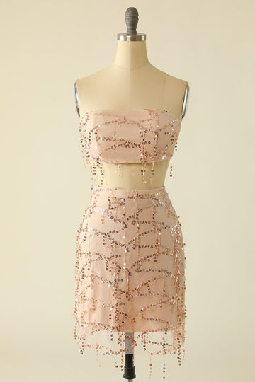 Deux pièces Sequins Strapless Rose Homecoming Robe